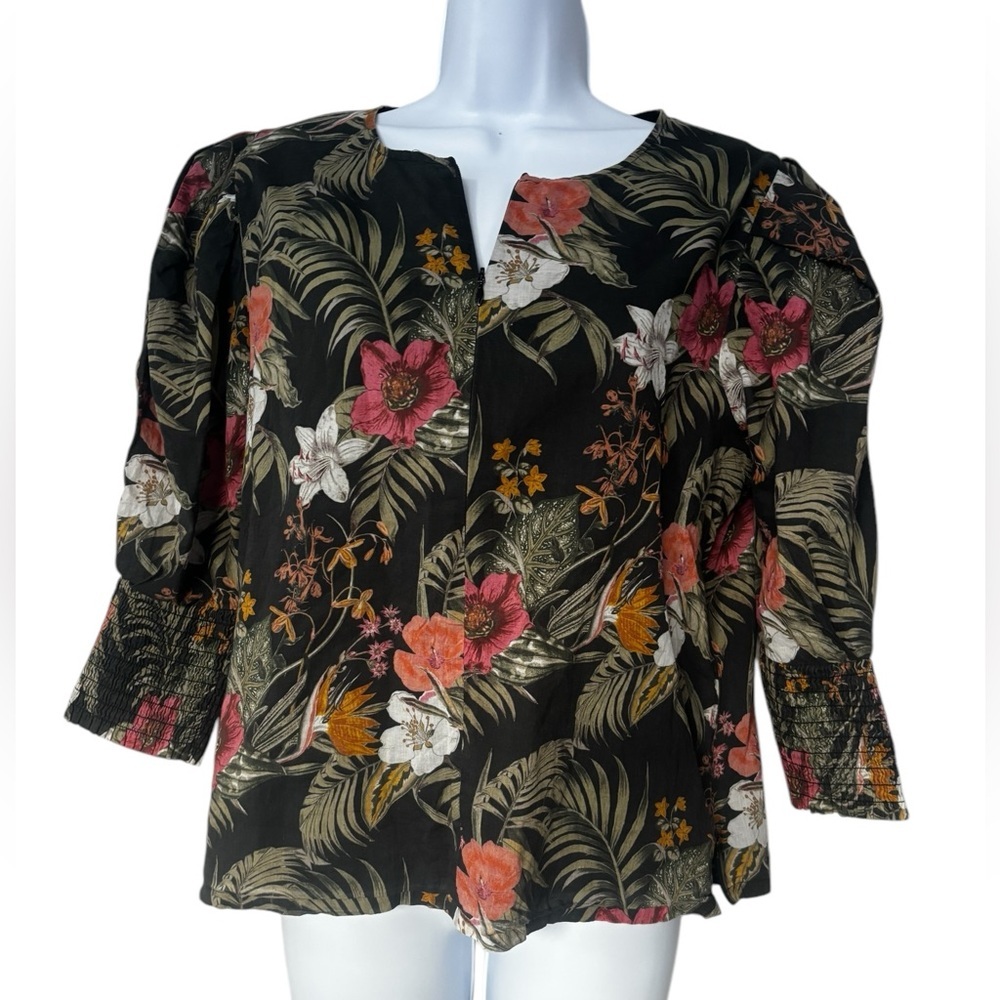 Rebecca Minkoff Geneva Tropical Floral Puff Sleeve Top Size Large Cotton